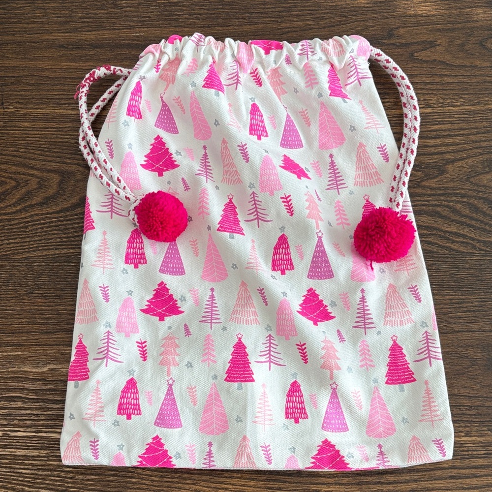 Pink and White Drawstring Bag with Pom Poms NWOT